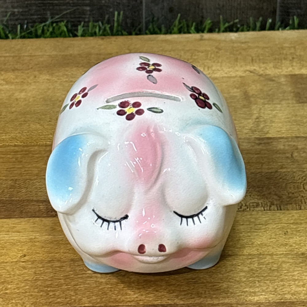 Vintage MCM Ceramic Piggy Bank Floral Closed Eyes Pink Blue Kitsch Retro Decor